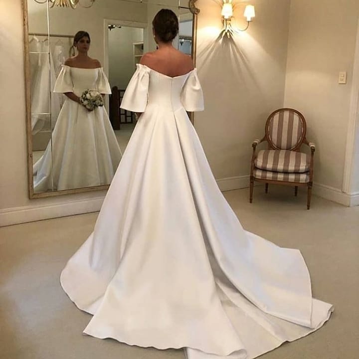 Simple Long A-Line Off the Shoulder Short Sleeve Satin Ruffles Train Wedding Dress