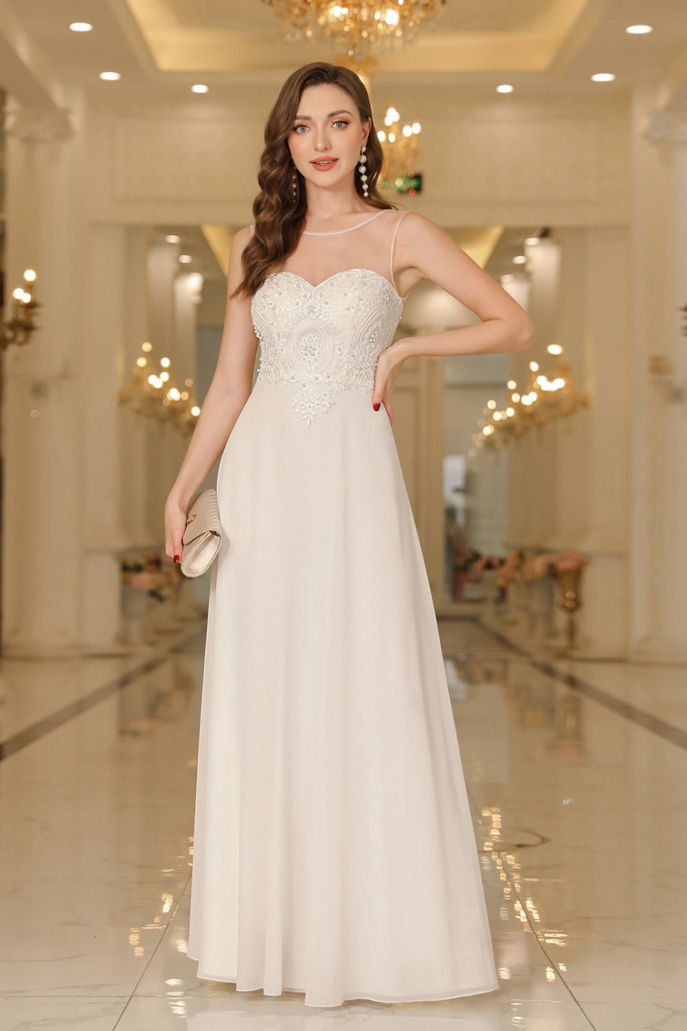 Elegant Long Scoop Neck Sleeveless Lace Appliques Chiffon Evening Dress