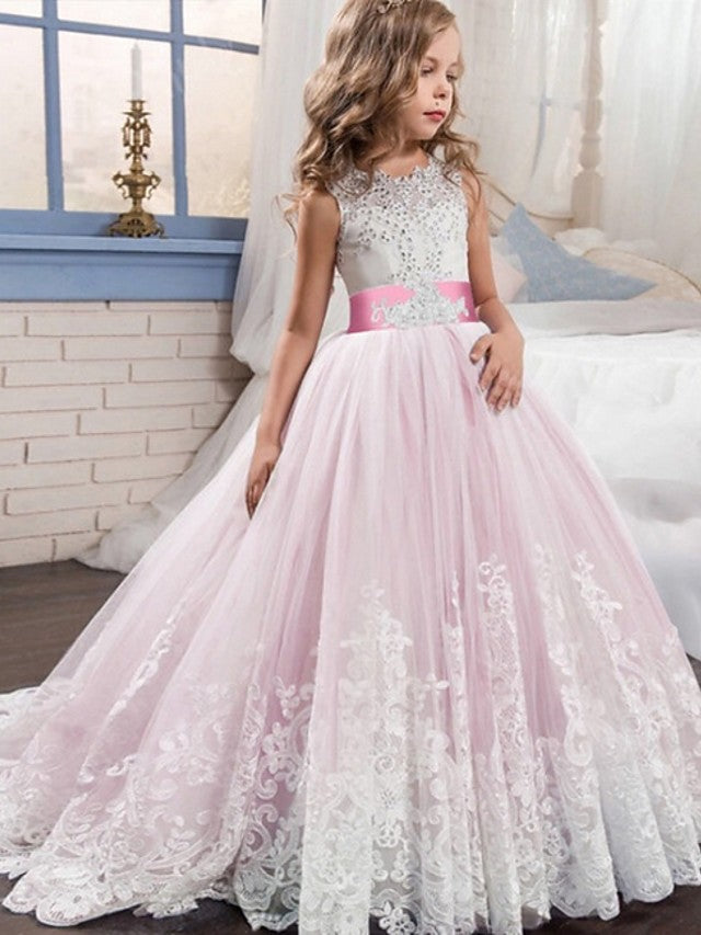 Long Ball Gown Tulle Sleeveless Jewel Neck Wedding Party Flower Girl Dresses With Bow