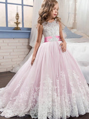 Long Ball Gown Tulle Sleeveless Jewel Neck Wedding Party Flower Girl Dresses With Bow