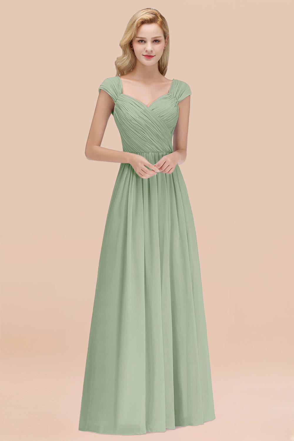 A-Line Chiffon Straps Sweetheart Sleeveless Floor Length Bridesmaid Dress with Ruffles