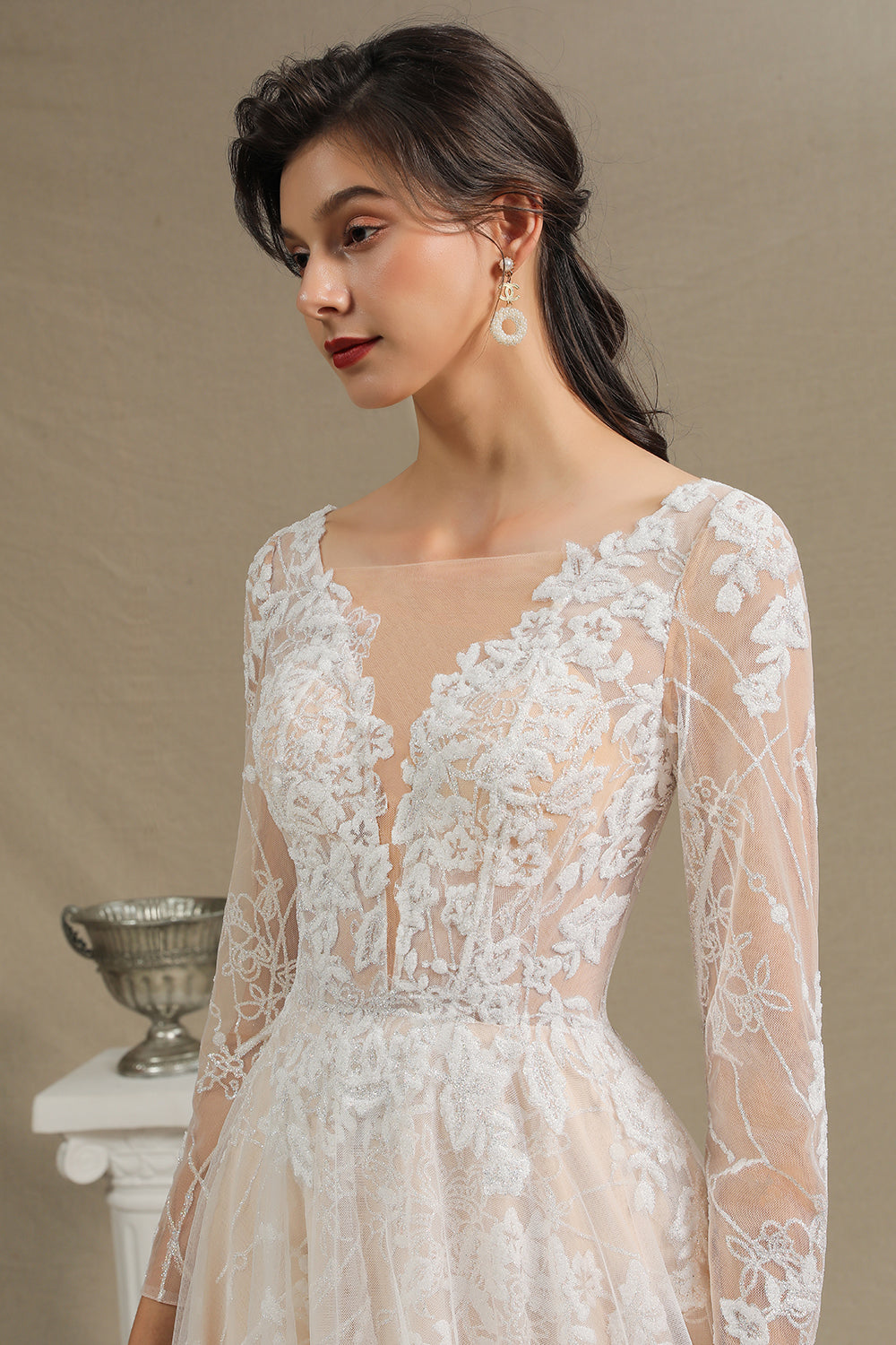 Long A-line V-neck Tulle Lace Wedding Dress with Sleeves