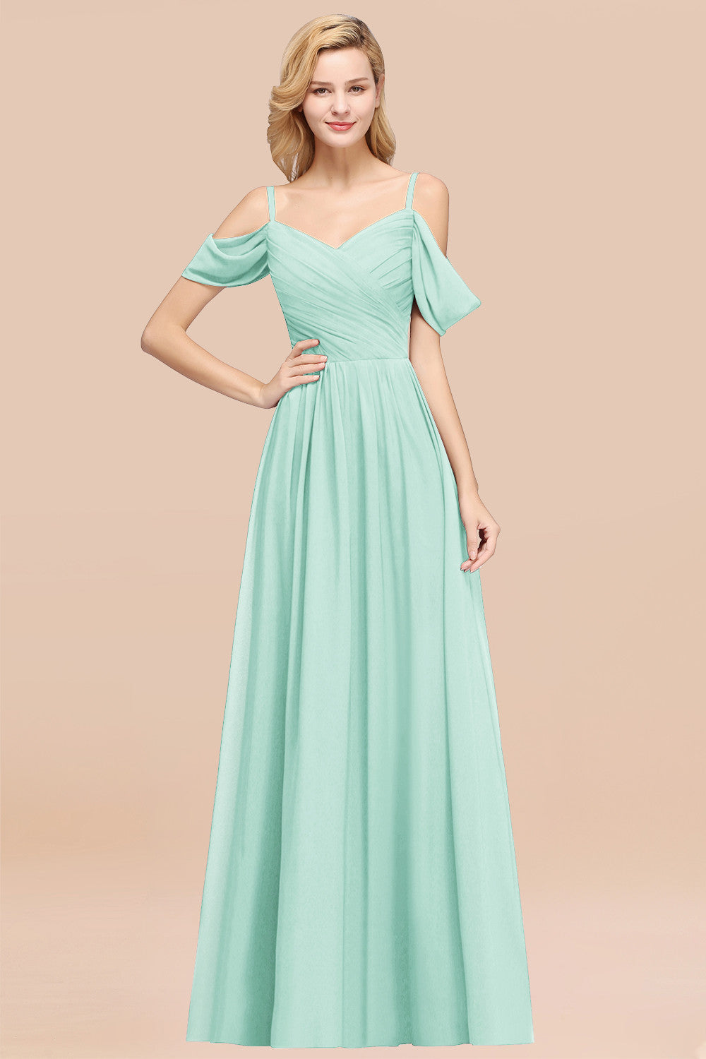 A-Line Chiffon V-Neck Spaghetti Straps Short Sleeves Floor Length Bridesmaid Dresses with Ruffles