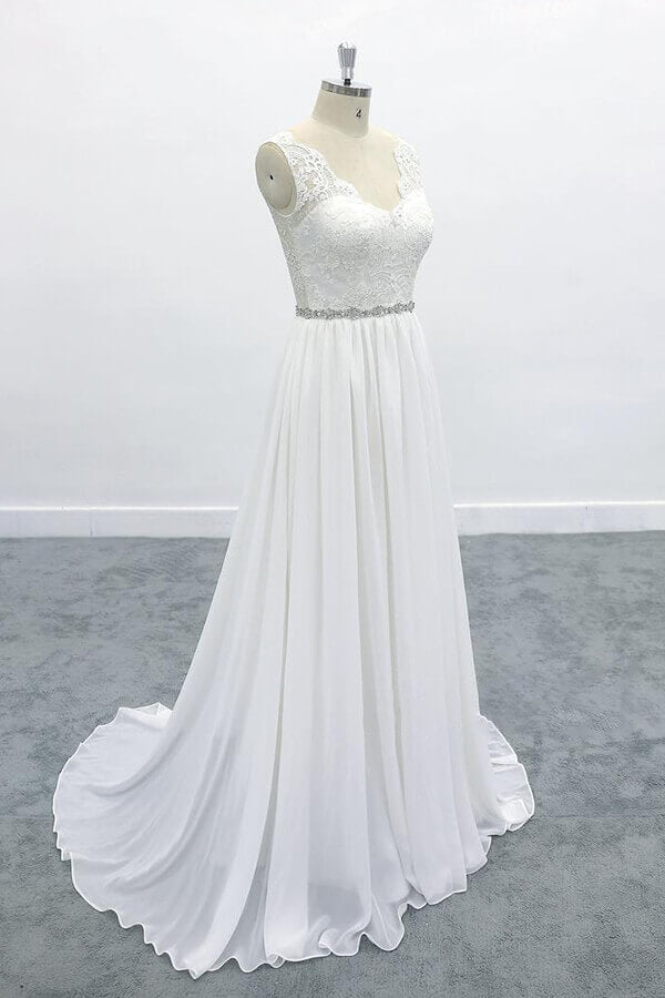 Elegant Long V-neck A-line Lace Chiffon Backless Wedding Dress