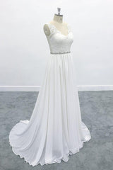 Elegant Long V-neck A-line Lace Chiffon Backless Wedding Dress