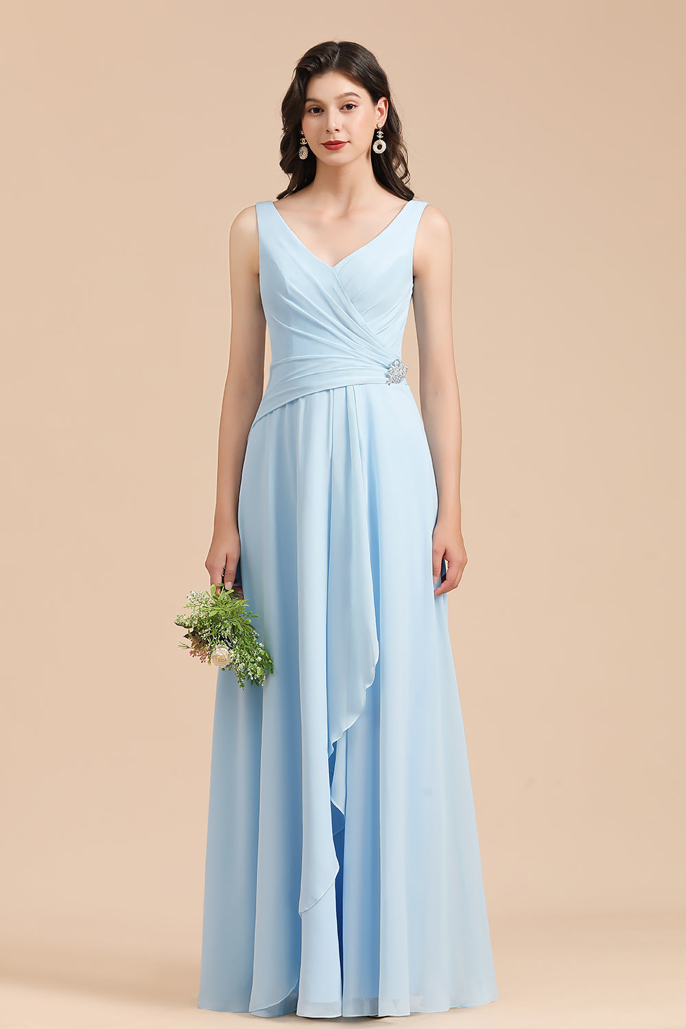 Sky Blue Ruffles Straps A-line Beads Long Bridesmaid Dress