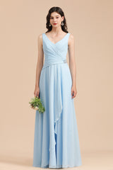 Sky Blue Ruffles Straps A-line Beads Long Bridesmaid Dress
