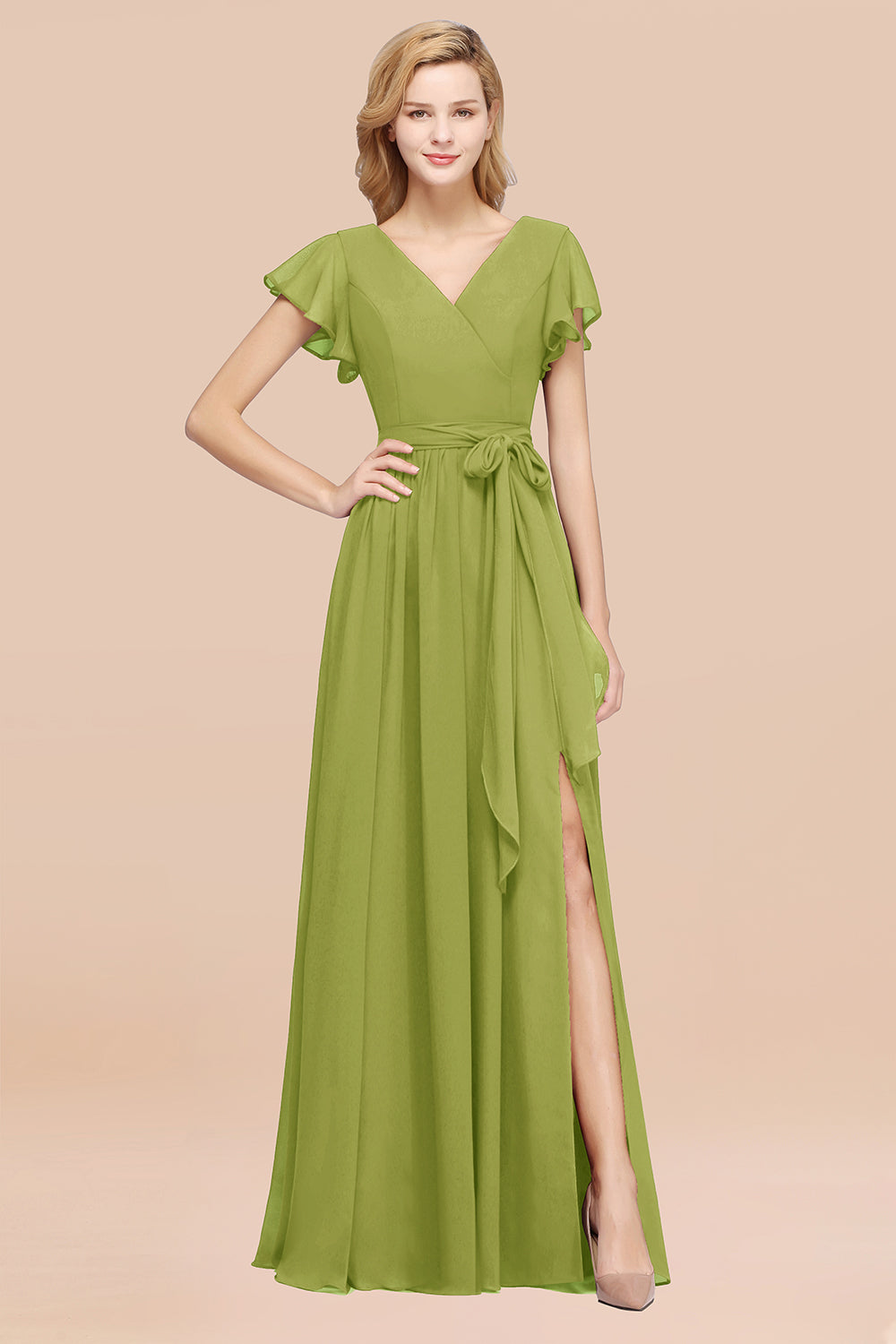 A-line Chiffon V-Neck Short Sleeves Floor Length Bridesmaid Dresses with Bow Sash