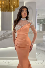 Long Mermaid Satin High Neck Sparkly Sequins Satin Evening Prom Dresses with Sleeves