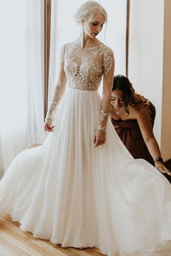 Vintage A-Line Bateau Long Sleeve Appliques Lace Open Back Chiffon Wedding Dress