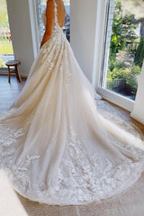 Elegant Long A-line V-neck Tulle Lace Backless Wedding Dress