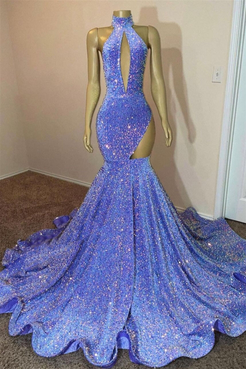 Sparkle Halter Sleeveless Mermaid Long Prom Dress with Seqins
