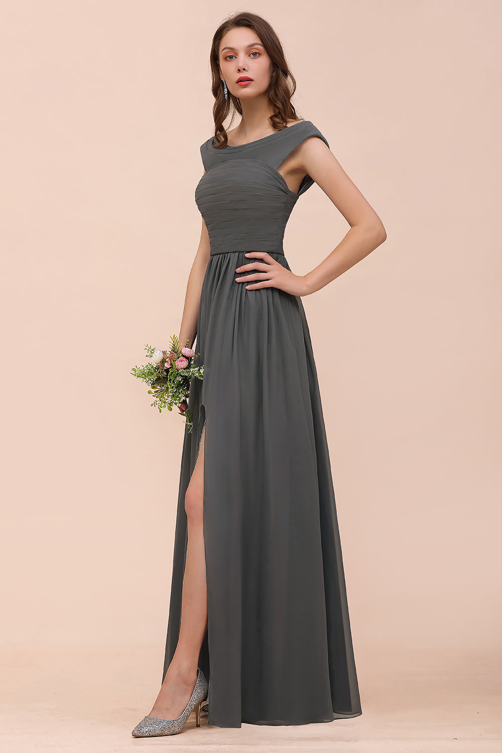 Long A-line Off the Shoulder Ruffle Steel Grey Bridesmaid Dress with Slit