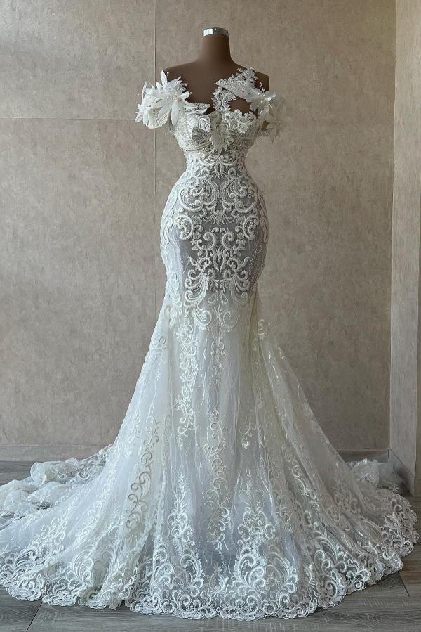 Long White Mermaid Off the Shoulder Lace Tulle Wedding Dresses with Flowers