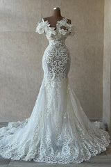 Long White Mermaid Off the Shoulder Lace Tulle Wedding Dresses with Flowers