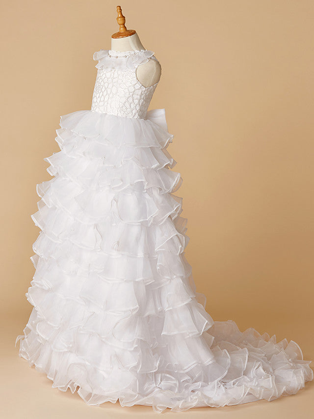 White Long A-line Tulle Lace Sleeveless First Communion Flower Girl Dresses