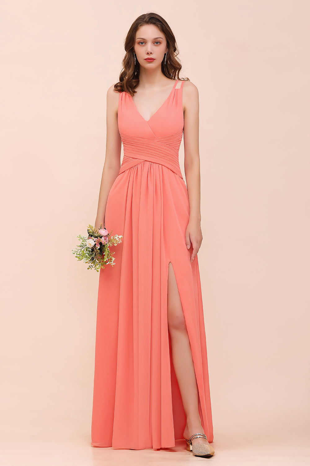 Glamorous Long A-line V-neck Chiffon Bridesmaid Dress with Slit