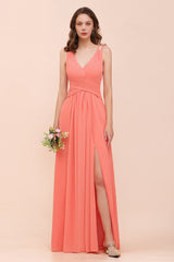 Glamorous Long A-line V-neck Chiffon Bridesmaid Dress with Slit
