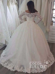 Elegant Long Ball Gown Bateau Lace Tulle Wedding Dresses with Sleeves