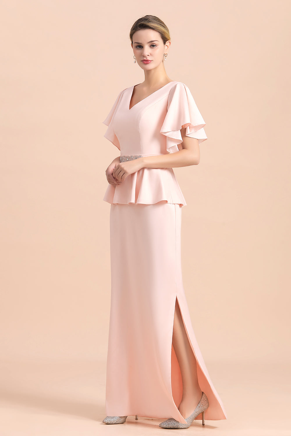 Glamorous V-Neck Beadings Satin Pink Mother of Bride Dresses
