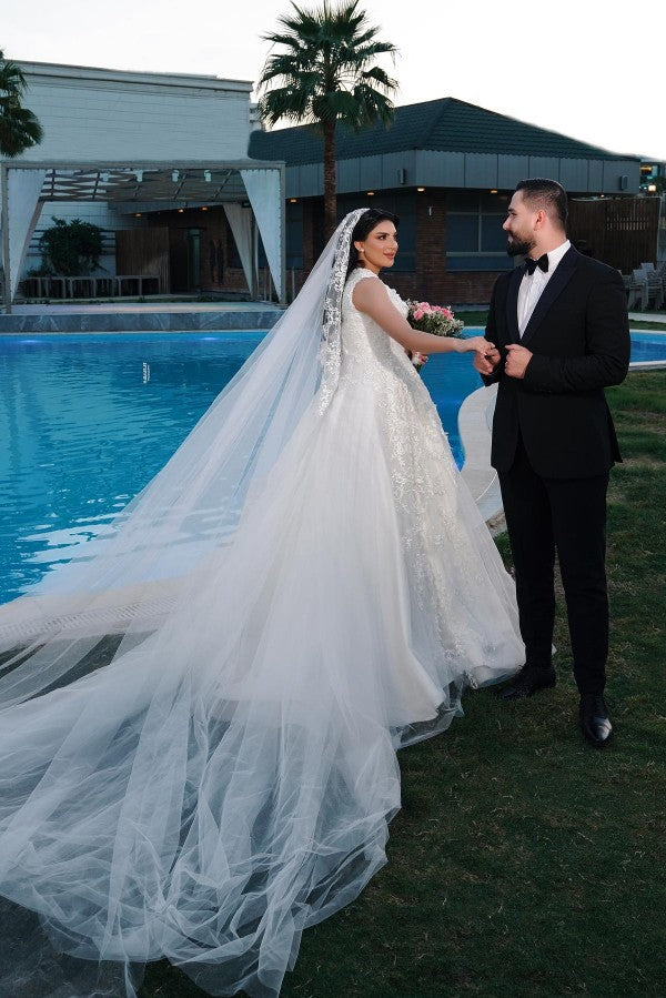 Gorgeous Long A-line V-neck Tulle Sleeveless Lace Wedding Dresses