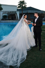 Gorgeous Long A-line V-neck Tulle Sleeveless Lace Wedding Dresses