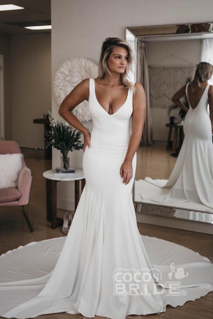 Simple Long V Neck Mermaid Satin Backless Wedding Dresses with Train