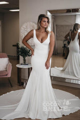 Simple Long V Neck Mermaid Satin Backless Wedding Dresses with Train