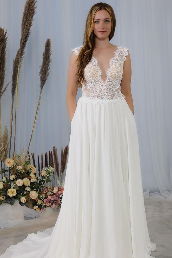 Elegant Long V-neck Wide Straps Backless Appliques Lace Chiffon Wedding Dress with Pockets