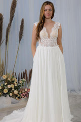 Elegant Long V-neck Wide Straps Backless Appliques Lace Chiffon Wedding Dress with Pockets