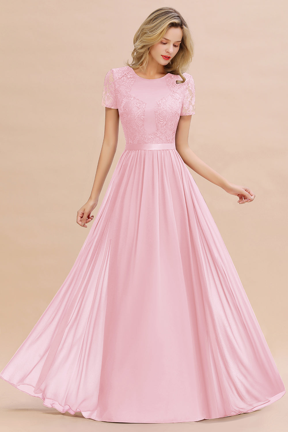 Chiffon Lace Scoop Short Sleeve Bridesmaid Dress