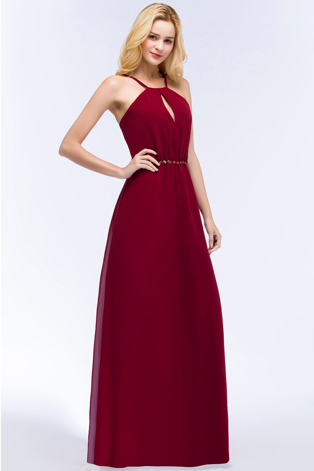 Simple A-Line Chiffon Spaghetti Straps Sleeveless Bridesmaid Dresses with Beading Sash