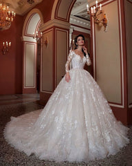 Elegant Long Sleeves Bateau Beading A-Line Appliques Lace Train Wedding Dress
