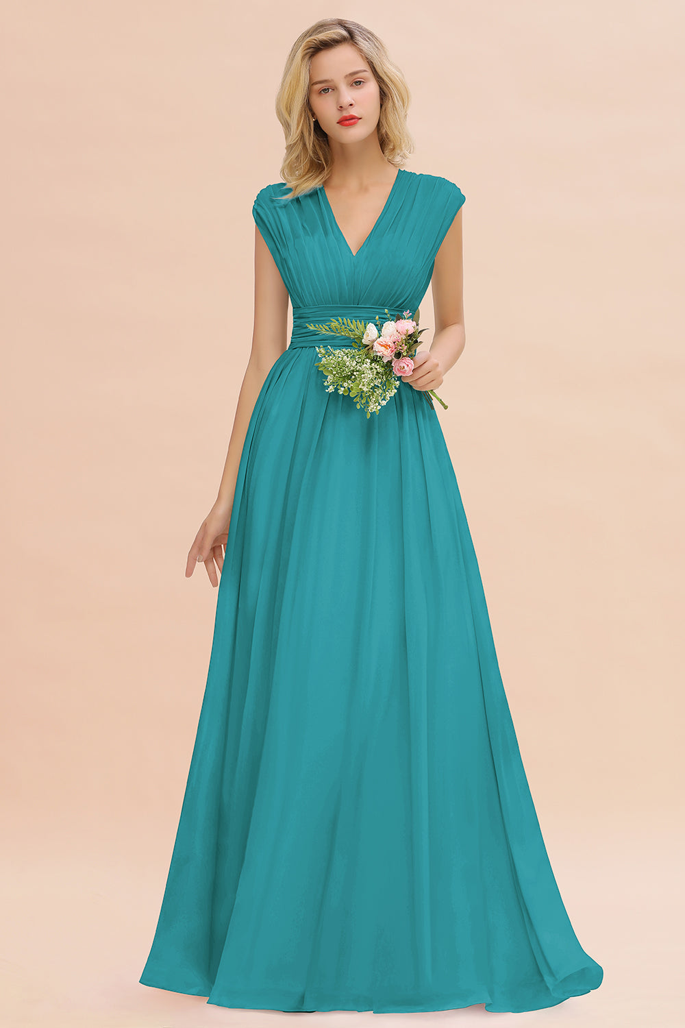 Chiffon V-Neck Sleeveless Elegant A-line Ruffles Bridesmaid Dress