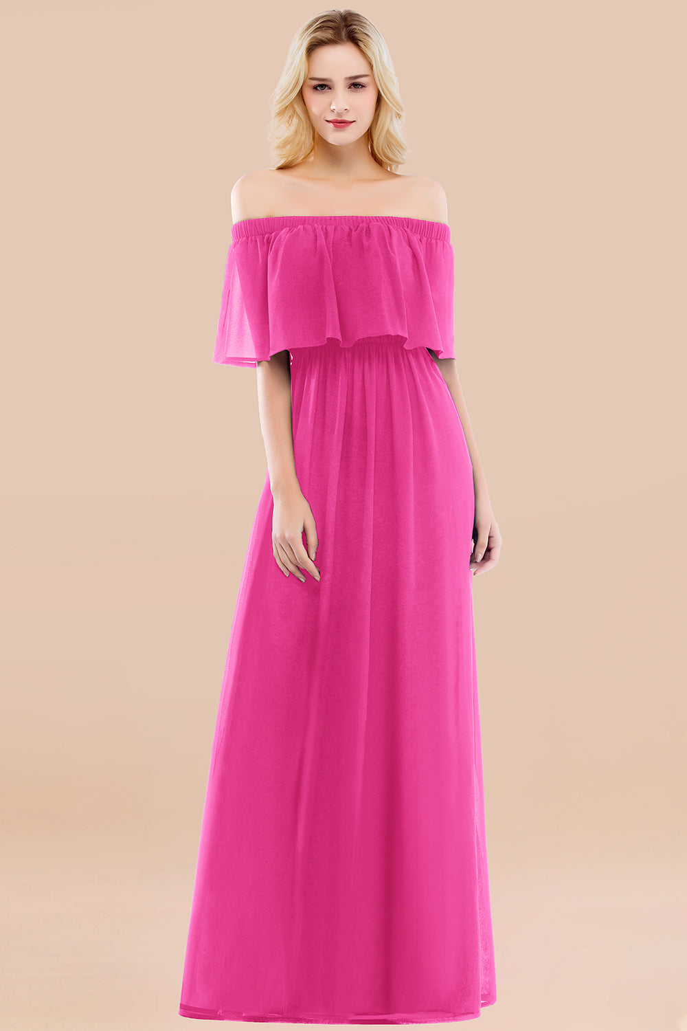 A-line Chiffon Off the Shoulder Short Sleeves Ruffles Floor Length Bridesmaid Dress