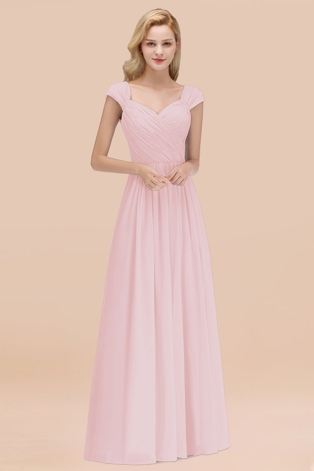 A-Line Chiffon Straps Sweetheart Sleeveless Floor Length Bridesmaid Dress with Ruffles