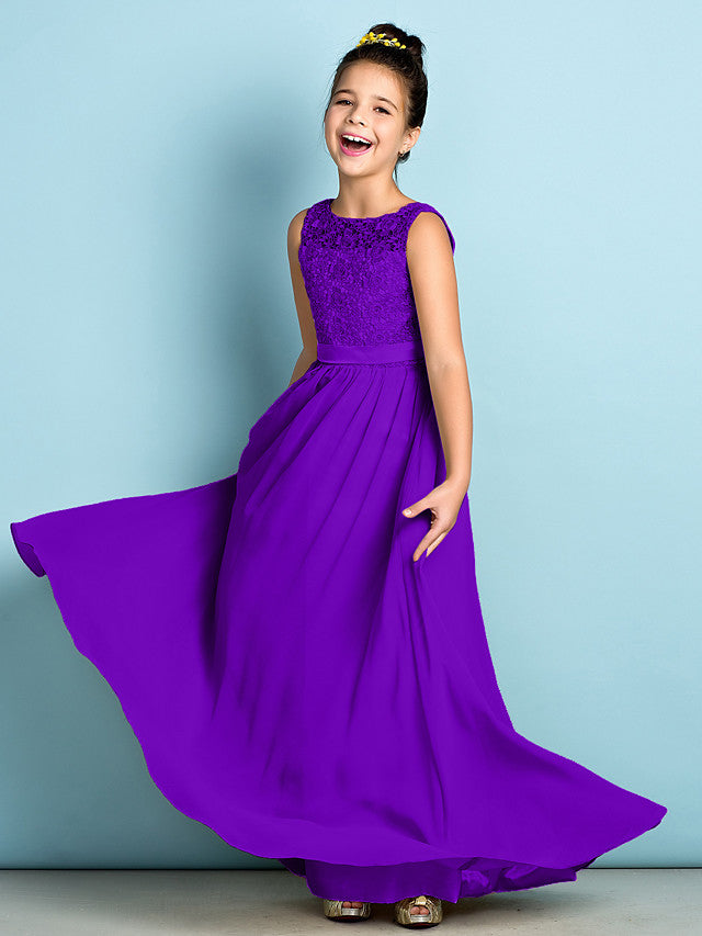 Long A-Line Scoop Neck Floor Length Chiffon Lace Junior Bridesmaid Dress