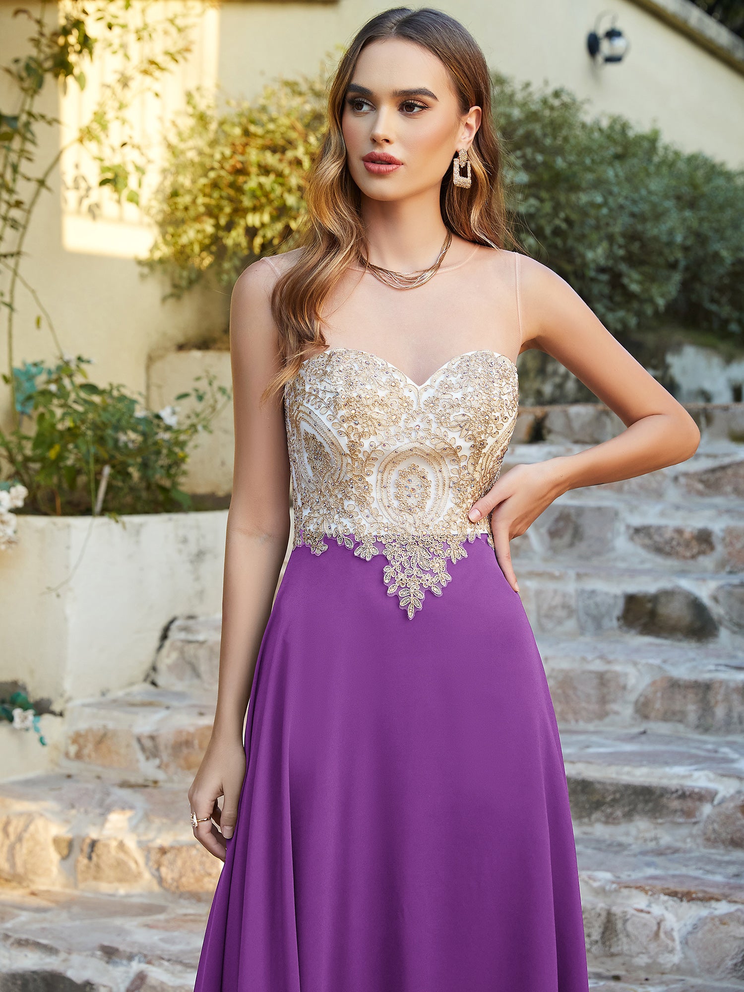 Elegant Long A-line Chiffon Sleeveless Tulle Lace Appliques Prom Dress