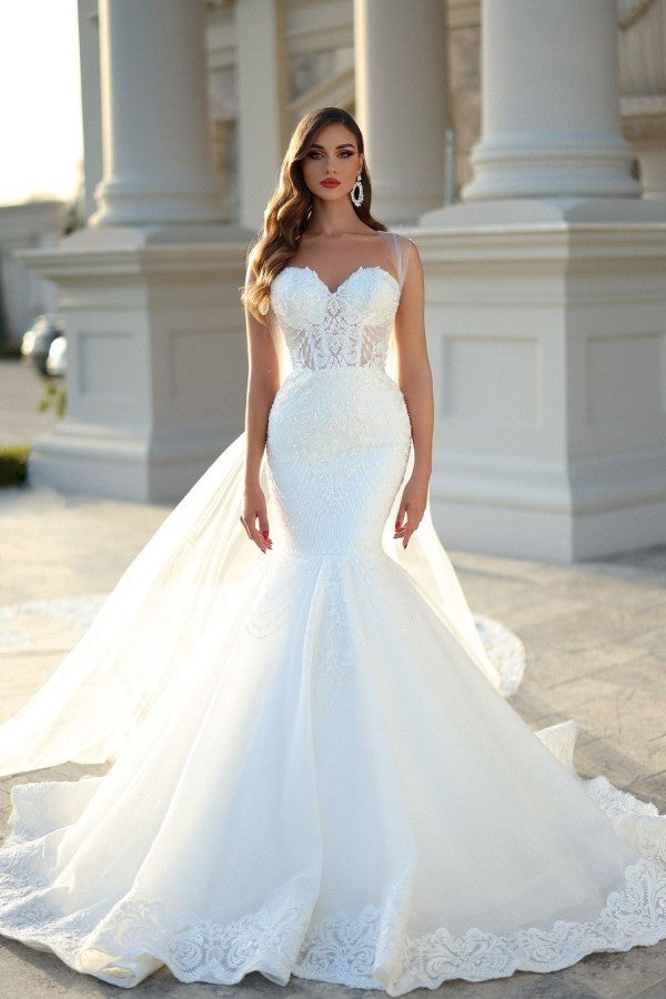 Elegant White Mermaid Sweetheart Tulle Lace Long Wedding Dresses