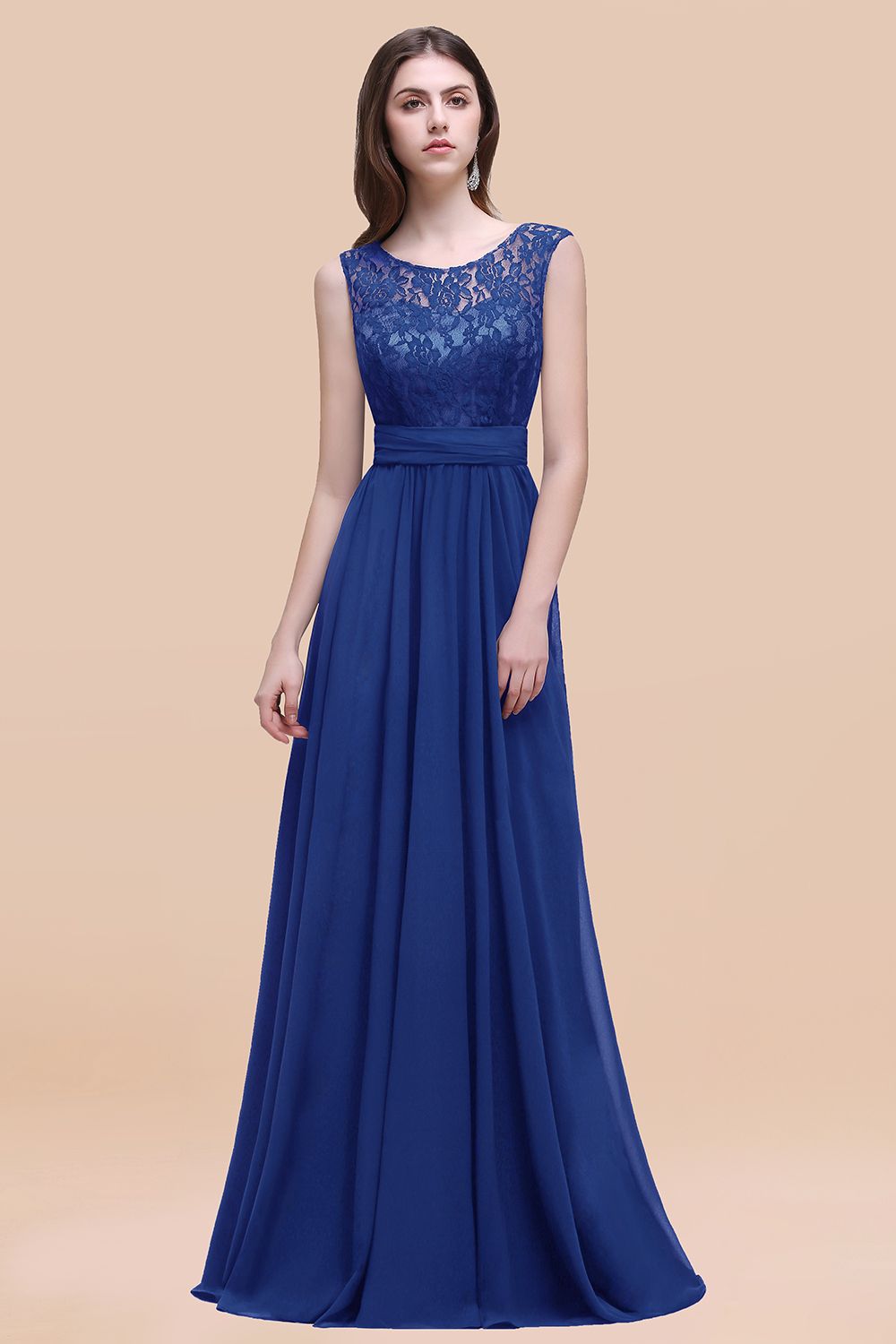 Elegant A-line Chiffon Lace Scoop Sleeveless Floor Length Bridesmaid Dress