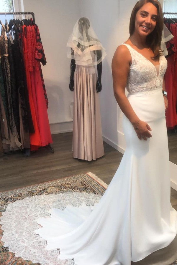 Simple Long V-neck Open Back Spaghetti Straps Appliques Lace Satin Mermaid Wedding Dress
