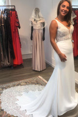 Simple Long V-neck Open Back Spaghetti Straps Appliques Lace Satin Mermaid Wedding Dress