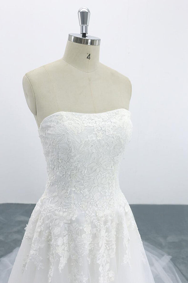 Long A-line Strapless Appliques Lace Tulle Wedding Dress
