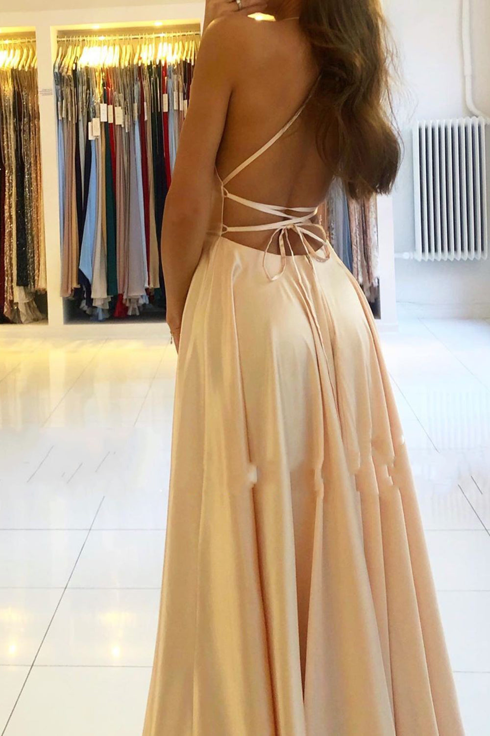 Classy Long A-line Scoop Neck Satin Open Back Prom Dress with Slit