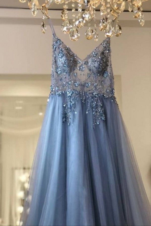 Long V-neck Tulle Beaded A-line Prom Dress with Slit