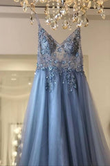 Long V-neck Tulle Beaded A-line Prom Dress with Slit