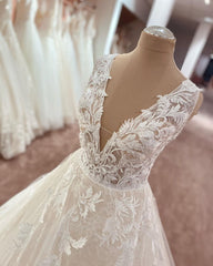 Modest Long V-neck Wide Straps Appliques Lace Tulle A-Line Floor Length Wedding Dress