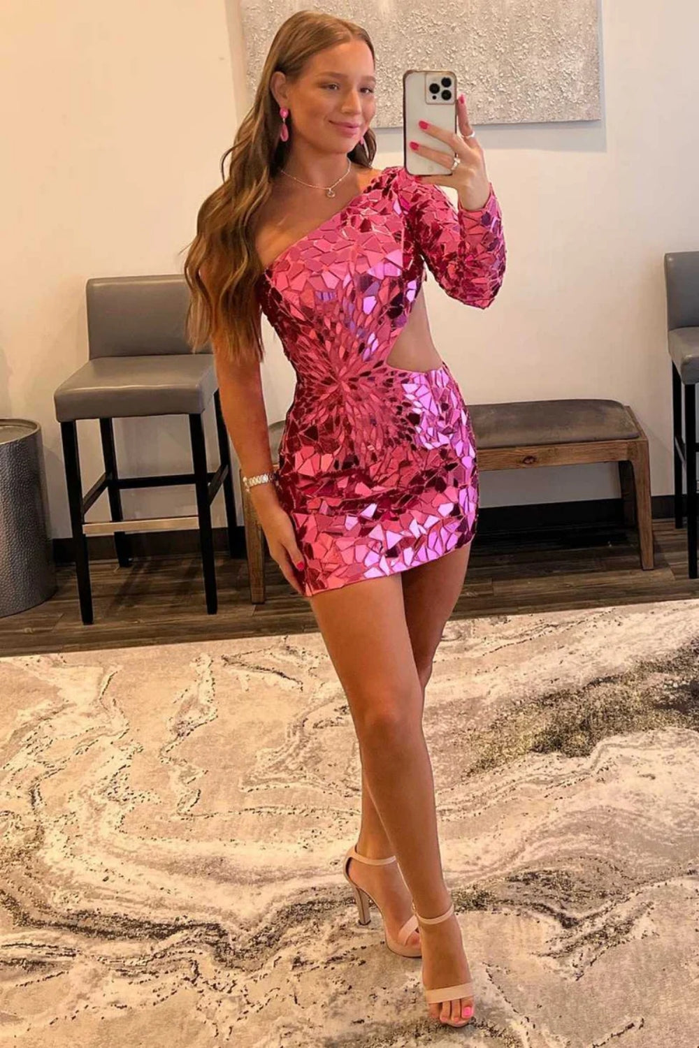 Sparkly Short One Shoulder Long Sleeve Mermaid Homecoming Dresses