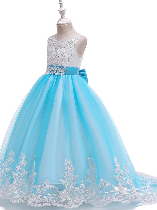 Long Ball Gown Tulle Sleeveless Jewel Neck Wedding Party Flower Girl Dresses With Bow