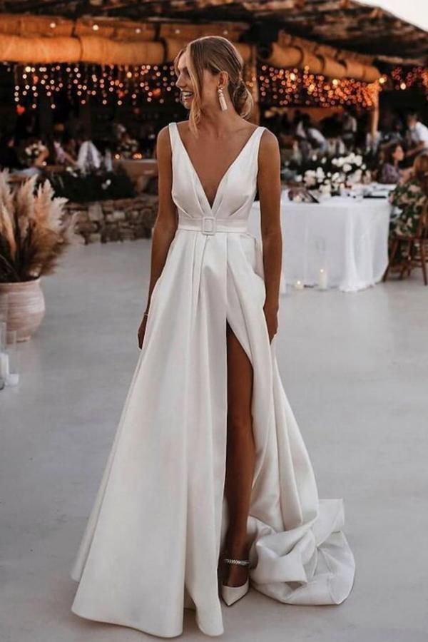 Elegant Long A-Line V-neck Satin Sleeveless Front Split Wedding Dress with Ribbons